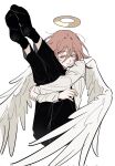  1boy androgynous angel angel_devil_(chainsaw_man) angel_wings black_pants black_socks chainsaw_man corrupted_twitter_file feathered_wings full_body hair_between_eyes halo highres hugging_own_legs knees_to_chest legs_together legs_up long_hair long_sleeves looking_to_the_side male_focus messy_hair no_shoes pants red_eyes red_hair shirt socks solo traditional_halo tus_oo white_background white_shirt white_wings wings 