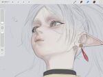  1954love_hate 1girl art_program_in_frame close-up earrings frieren from_below green_eyes highres jewelry long_hair looking_to_the_side meme pointy_ears portrait screenshot smile solo sousou_no_frieren upward_angle_frieren_drawing_(meme) white_hair 