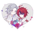  2boys ahoge aotsuki_eito ascot black_hair blue_eyes blue_flower bouquet closed_mouth collared_shirt dated english_text eyes_visible_through_hair flower glasses gold_trim grey_hair hair_between_eyes heart height_difference highres jacket lapels lily_(flower) male_focus multicolored_hair multiple_boys notched_lapels official_alternate_costume red_flower red_hair red_rose rose semi-rimless_eyewear shirt short_hair smile streaked_hair sumino_takumi the_hundred_line_-last_defense_academy- tsurime two-tone_hair white_ascot white_flower white_jacket white_lily white_shirt yaoi yizooo 