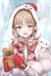  1girl :d animal bangs blush bow brown_eyes capelet cat eyebrows_visible_through_hair fur-trimmed_capelet fur_trim head_tilt highres holding holding_stuffed_animal hood hood_up hooded_capelet light_brown_hair long_hair long_sleeves mittens nijisanji open_mouth plaid plaid_bow red_bow red_mittens sister_cleaire smile solo sparkle star stuffed_animal stuffed_toy teddy_bear umeno virtual_youtuber white_capelet 