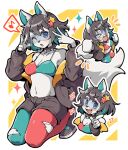  1girl animal_ears asymmetrical_legwear black_collar black_hair black_jacket black_shorts blue_eyes blush_stickers body_fur breasts chibi chibi_inset choppy_bangs collar commentary_request commission furry furry_female grey_fur hair_ornament highres itsuka_neru jacket jacket_partially_removed long_sleeves looking_at_viewer medium_breasts mismatched_legwear multiple_views musical_note one_eye_closed open_mouth original short_hair shorts skeb_commission smile spiked_collar spikes spoken_musical_note star_(symbol) star_hair_ornament tail thighhighs torn_clothes torn_thighhighs two-tone_bra wolf_ears wolf_girl wolf_tail 