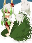  angry bow collarbone dress ex-keine fang green_dress green_hair highres horn_ribbon horns kamishirasawa_keine kneeling long_hair looking_at_viewer multicolored_hair off_shoulder open_mouth puffy_sleeves red_eyes ribbon short_sleeves silver_hair six_(fnrptal1010) solo tail touhou two-tone_hair 