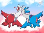 duo female feral generation_3_pokemon genitals hi_res jackasplat latias latios legendary_pokemon lying male male/female nintendo on_back penis pokemon pokemon_(species) spreading tapering_penis vulva wings