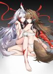  2girls absurdres animal_ears ass barefoot black_hair bra breasts brown_hair brown_tail chinese_commentary commentary_request dual_persona feet fluffy_tail fox_ears fox_girl fox_tail hair_intakes hairband highres large_breasts leg_tattoo long_hair looking_at_viewer multicolored_hair multiple_girls panties red_eyes red_hair selfcest shadow_lxy soles tail tattoo toes underwear very_long_hair white_bra white_hair white_hairband white_panties white_tail ye_shunguang zenless_zone_zero 