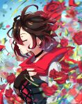  1girl absurdres ahoge black_choker black_corset black_gloves black_hair cape choker closed_eyes commentary corset english_commentary fingerless_gloves flower gloves hand_on_own_chest highres leaf looking_to_the_side miku_(mikururun) multicolored_hair parted_lips red_flower red_hair red_rose rose ruby_rose rwby short_hair solo two-tone_hair wind 