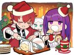  1boy 2girls aura_(sousou_no_frieren) bandaged_arm bandages blunt_bangs border candle capelet character-themed_food christmas_ornaments christmas_tree closed_eyes coat commentary_request cup cutting_board dress drooling eating fern_(sousou_no_frieren) food food_on_face frieren fur-trimmed_capelet fur_trim gashi-gashi green_eyes hair_between_eyes hat holding holding_knife hot_chocolate knife light_blush mistletoe mouth_drool multiple_girls party_hat purple_eyes purple_hair red_capelet red_coat red_hair santa_hat short_hair smile sousou_no_frieren stark_(sousou_no_frieren) twintails white_border white_dress white_hair 