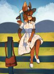  1girl absurdres animal_ears arm_support brown_bag brown_eyes brown_hair commentary day dress english_commentary fence field floral_print floral_print_dress full_body furry furry_female hat highres looking_to_the_side medium_hair okaliz original outdoors print_dress rabbit_ears rabbit_girl shoes sitting sitting_on_fence sky solo whiskers white_dress white_hat white_shoes 