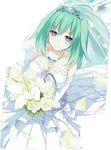  alternate_costume bad_id bad_pixiv_id bangs bare_shoulders blush bouquet bow breasts bridal_veil bride cleavage dress earrings flower front-tie_top gloves green_hair green_heart heart high_ponytail holding jewelry jpeg_artifacts lace lace-trimmed_dress lace-trimmed_gloves large_breasts layered_dress light_smile long_hair looking_at_viewer necklace neptune_(series) petals ponytail power_symbol purple_eyes rose see-through smile solo strapless strapless_dress symbol-shaped_pupils tiara veil vert wedding_dress white_dress white_flower white_rose 