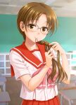  1girl bow bowtie braid brown_eyes classroom commentary_request glasses hair_tie_in_mouth hida_tatsuo hoshina_tomoko indoors looking_at_viewer mouth_hold pink_bow pink_bowtie red_sailor_collar red_skirt sailor_collar school_uniform serafuku shirt skirt solo to_heart to_heart_(series) tying_hair white_shirt 