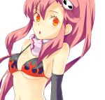  1girl :o bad_drawr_id bad_id bare_shoulders bikini breasts cleavage eyelashes flame_print hair_between_eyes hair_ornament long_hair medium_breasts navel open_mouth pink_hair ponytail print_bikini purple_scarf saikachi_(ogre_tree) scarf sidelocks simple_background skull_hair_ornament solo striped_clothes striped_scarf swimsuit teeth tengen_toppa_gurren_lagann underboob upper_teeth_only vertical-striped_clothes vertical-striped_scarf white_background yellow_eyes yoko_littner 