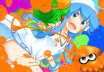  blue_eyes blue_hair blush dress ei_(ss4) hat highres ikamusume inkling long_hair monster_girl open_mouth panties pantyshot shinryaku!_ikamusume smile solo splatoon_(series) splatoon_1 splattershot_(splatoon) super_soaker tentacle_hair tentacles underwear white_panties 