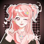  1girl arrow_(symbol) bead_necklace beads black_jacket bright_pupils brown_background chinese_commentary chiyue_(xinjinjumin896739821996) collared_shirt commentary_request copyright_name ear_piercing eyelashes fingerless_gloves fur-trimmed_jacket fur-trimmed_sleeves fur_trim gloves gyaru hair_ornament hair_scrunchie hairclip happy heart heart_hair_ornament highres infinity_nikki jacket jewelry light_blush lipstick long_hair long_sidelocks long_sleeves lower_teeth_only makeup multicolored_hair necklace nikki_(series) notice_lines one_eye_closed open_mouth outline outside_border parallel_hairclips piercing pink_eyes pink_gloves pink_hair pink_lips pink_scrunchie pink_shirt plaid_background pointing pointing_up rainbow_hair_ornament ribbon ribbon_earrings rosie_sweetheart_(infinity_nikki) scrunchie shirt sidelocks smile solo split-color_hair star_(symbol) star_hair_ornament teeth two_side_up upper_body very_long_hair white_outline white_pupils x_hair_ornament y2k_fashion yellow_ribbon 