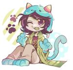  1girl :3 :d animal_hands animal_hat animification black_hair black_shirt cat_hat cat_tail coat colored_sclera commentary fake_tail fang flipped_hair full_body gloves green_coat grey_eyes grey_pants grey_skirt hat homestuck horns leo_(symbol) nepeta_leijon one_eye_closed open_clothes open_coat open_mouth pants paw_gloves paw_pose paw_print paw_shoes shirt short_hair sitting skirt smile solo swept_bangs tail yellow_sclera ziv_(tonozwew) 