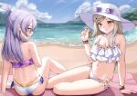  2_ru 2girls absurdres aika_himena aika_himena_(swimsuit_costume) bare_arms bare_legs bare_shoulders beach beach_towel bead_bracelet bead_necklace beads bikini blonde_hair blue_sky blunt_ends bracelet breasts choker cleavage closed_mouth cloud cloudy_sky collarbone commentary_request day earrings eyewear_on_head flower flower-trimmed_bikini flower_necklace frilled_bikini frills from_behind full_body hair_behind_ear hair_flower hair_ornament hand_up hat highres jewelry kurusu_alexandra kurusu_alexandra_(swimsuit_costume) layered_bikini light_blush long_hair long_sidelocks looking_at_viewer magia_record:_mahou_shoujo_madoka_magica_gaiden mahou_shoujo_madoka_magica median_furrow medium_breasts midriff mountainous_horizon multiple_girls navel necklace off-shoulder_bikini off_shoulder official_alternate_costume outdoors parted_lips pink_eyes pink_flower profile purple-tinted_eyewear purple_bikini purple_hair ring side-tie_bikini_bottom sidelocks signature sitting sky smile sun_hat sweat swimsuit tinted_eyewear towel twirling_hair unworn_eyewear white-framed_eyewear white_bikini white_choker white_hat wristband yellow_bikini yellow_flower 