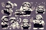  2boys bald clenched_teeth collage commentary english_commentary facial_hair gloves greyscale grin hat highres lumspark male_focus mario mario_(series) monochrome multiple_boys mustache short_hair simple_background smile spacesuit super_mario_land_2 teeth thumbs_up wario wario_land wario_land:_super_mario_land_3 