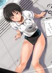  amagami black_hair brown_eyes from_above long_legs looking_at_viewer murasaki_iro name_tag nanasaki_ai one-piece_swimsuit pen polo_shirt short_hair sitting smile solo stopwatch swimsuit swimsuit_under_clothes translated very_short_hair watch water yukana 