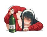  1girl 2026 all_fours artist_logo bare_shoulders black_hair blush bottle breasts champagne_bottle cleavage closed_mouth commentary dress drunk earrings english_commentary gold_earrings hair_between_eyes hairband holding holding_bottle jewelry jk_arts large_breasts logo long_hair looking_at_viewer off-shoulder_sweater off_shoulder partially_shaded_face red_eyes red_sweater ribbed_sweater sidelocks solo spy_x_family sweater sweater_dress twitter_username white_background white_hairband yor_briar 