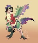 2024 absurd_res bird_wyvern black_hair breasts capcom claws clothing digital_media_(artwork) eyewear feathered_wings feathers feet female glasses green_body hair hi_res human mammal monster_hunter nolhyaa red_clothing red_shirt red_topwear seikret shirt smile solo species_transformation talons toes topwear torn_clothing transformation underwear wings