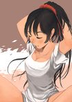  absurdres adjusting_hair arms_behind_head black_hair breasts cleavage closed_eyes collarbone eyelashes hair_tie highres indian_style long_hair medium_breasts mouth_hold original ponytail rikkido scrunchie shirt short_sleeves sitting solo spread_legs tying_hair white_shirt 