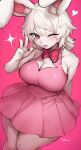  1girl :d absurdres animal_ear_fluff animal_ears animal_hands animal_nose arm_behind_back artist_name bare_shoulders blush bow bowtie breasts brown_eyes cleavage cleavage_cutout clothing_cutout commentary_request commission curvy dress from_above furry furry_female hand_up heart heart_in_eye highres large_breasts legs_together looking_at_viewer medium_hair original pink_background pink_dress rabbit_ears rabbit_girl red_bow red_bowtie short_dress simple_background skeb_commission sleeveless sleeveless_dress smile solo sparkle standing suurin_(ksyaro) symbol_in_eye twitter_username v white_fur white_hair wide_hips 
