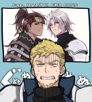  20x26tks 3boys aqua_eyes armor beard black_jacket black_shirt blonde_hair blue_border blue_jacket border brown_eyes brown_hair clenched_teeth commentary_request copyright_name dark-skinned_male dark_skin facial_hair final_fantasy final_fantasy_vii final_fantasy_vii:_ever_crisis frown furrowed_brow glenn_lodbrok grey_hair hair_between_eyes headband jacket male_focus multiple_boys parted_bangs pauldrons ponytail ribbed_shirt rosen_(ff7ec) sephiroth sephiroth_(ever_crisis) shaded_face shirt short_hair shoulder_armor striped_headband sweatdrop tan teeth turtleneck upper_body white_background 