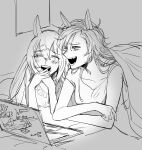  2girls ^_^ air_shakur_(umamusume) animal_ears asymmetrical_bangs bare_arms bare_shoulders blush breasts cleavage closed_eyes collarbone commentary_request computer crossed_arms eyelashes eyes_visible_through_hair face_piercing fang fine_motion_(umamusume) forehead_piercing frilled_shirt frills furrowed_brow gi!_(desukaru02518_u) greyscale hair_between_eyes happy highres horse_ears horse_girl laptop laughing lying messy_hair monochrome multicolored_hair multiple_girls on_bed on_stomach open_mouth own_hands_together piercing pointy_nose shirt short_hair sleeveless sleeveless_shirt smile streaked_hair tearing_up teeth umamusume under_covers upper_body window 