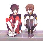  2boys black_boots black_hair boots brown_hair coat crossed_ankles gundam gundam_seed gundam_seed_destiny hair_between_eyes hugging_own_legs kira_yamato knee_boots looking_at_another male_focus military_uniform multiple_boys pants purple_eyes red_coat red_eyes red_pants seed0x0 shinn_asuka simple_background sitting sleeve_cuffs smile white_background white_boots white_coat white_pants zaft_uniform 