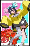  1girl black_hair blush breasts chainsaw_man character_hair_ornament commentary_request cosplay explosion green_eyes grey_pantyhose hair_between_eyes hair_ornament hexagon_print highres iono_(pokemon) iono_(pokemon)_(cosplay) jacket long_sleeves looking_at_viewer odorukaminoke open_mouth oversized_clothes pantyhose pokemon pokemon_(creature) pokemon_sv purple_hair reze_(chainsaw_man) sharp_teeth shirt single_leg_pantyhose sleeves_past_fingers sleeves_past_wrists smile sound_effects teeth voltorb yellow_jacket 