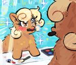 2024 blonde_hair blue_eyeshadow blush brown_body brown_fur brush curly_hair digital_media_(artwork) eyelashes eyeshadow featureless_hands female female_feral feral fluffy_pony fluffy_pony_(species) fur hair happy lipstick makeup makeup_brush mammal mascara mirror mirror_reflection mouth_hold reflection sheep-kinta smile solo sparkles sparkling_eyes