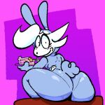 1:1 2026 anthro big_butt breasts bunny_costume bunoo_(thadeef3) butt cake clothed clothed_anthro clothed_female clothing costume cutlery dessert digital_drawing_(artwork) digital_media_(artwork) eyelashes female female_anthro food fork fur hair holding_plate kangaroo kitchen_utensils looking_at_viewer looking_back looking_back_at_viewer low_res macropod mammal marsupial mouth_closed panty_lines portrait purple_background simple_background sitting smile solo squeezysquisher thick_thighs three-quarter_portrait tools white_body white_fur white_hair zipper