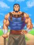  1boy bandaged_wrist bandages bara beard black_eyes black_hair blue_shirt brown_pants closed_mouth commentary_request covered_abs facial_hair fire_emblem fire_emblem:_the_sacred_stones garcia_(fire_emblem) hair_slicked_back hand_on_own_hip highres holding holding_weapon iwatanuki510 large_pectorals looking_at_viewer male_focus muscular muscular_male outdoors pants pectorals shirt short_hair smile solo thick_eyebrows veins veiny_arms weapon 