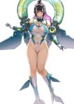  1girl areola_slip arm_at_side bare_shoulders blue_one-piece_swimsuit blunt_bangs boots breasts cameltoe center-flap_bangs chibi chibi_inset cleavage cleavage_cutout closed_mouth clothing_cutout commentary_request covered_navel covered_nipples curvy double-parted_bangs full_body gloves groin high_ponytail highleg huge_breasts knee_boots large_areolae long_hair long_legs long_sidelocks looking_at_viewer mecha_musume mechanical_arms mechanical_wings multicolored_hair narrow_waist nishii_(damnedrive) one-piece_swimsuit original outstretched_arm pleated_skirt ponytail purple_hair rudder_footwear see-through_clothes see-through_one-piece_swimsuit sidelocks simple_background skirt smile solo straight-on super_highleg swimsuit tachi-e thick_thighs thighs two-tone_hair two-tone_one-piece_swimsuit white_background white_gloves white_one-piece_swimsuit wide_hips wings 