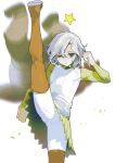  2boys bags_under_eyes black_eyes boots dungeon_meshi elf fighting_stance gapamopa gorget green_shirt grey_hair high_kick highres kicking lazy_eye long_sleeves looking_at_viewer male_focus mithrun multiple_boys notched_ear pointy_ears shirt short_hair thigh_boots tunic uneven_eyes wavy_hair white_background 