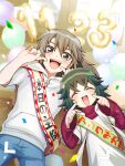  1boy 1girl :d balloon birthday blurry brown_hair closed_eyes commentary_request confetti depth_of_field facing_viewer green_hair hood hood_down hoodie index_finger_raised long_hair long_sleeves looking_at_viewer medium_hair minashiro_soushi_(2) nagi_(exsit00) number_balloon ponytail ruby_karma short_sleeves smile soukyuu_no_fafner teeth upper_teeth_only viewfinder white_hoodie 