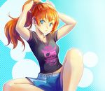  adjusting_hair bad_id bad_pixiv_id blue_eyes iceojin long_hair looking_at_viewer navel orange_hair original ponytail shirt shorts sitting solo t-shirt 