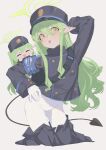  2girls absurdres arm_behind_head arm_up armband backpack bag black_bag black_hat black_jacket black_skirt black_tail blue_archive blue_armband blush buttons chinese_commentary closed_eyes clothes_pull commentary_request cropped_legs demon_girl demon_tail double-breasted facing_viewer gloves green_hair green_halo grey_background hair_between_eyes halo hand_on_own_hip hat highres hikari_(blue_archive) jacket long_hair long_sidelocks long_sleeves looking_at_viewer mini_person mini_person_on_shoulder minigirl multiple_girls nozomi_(blue_archive) open_mouth pantyhose peaked_cap pointy_ears siblings sidelocks simple_background sisters skirt skirt_pull smile tail tongue tongue_out twins white_gloves white_pantyhose xiaohatie yellow_eyes 