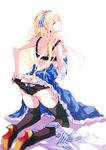  ass axis_powers_hetalia belarus_(hetalia) black_bra black_legwear black_panties blonde_hair blue_dress blue_eyes bra dress frilled_dress frills hair_ribbon high_heels kneeling long_hair looking_back m.r.s panties ribbon solo thighhighs underwear undressing 