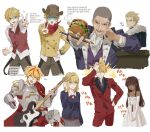  2girls 5boys ^_^ absurdres alexandre_dumas_(fate) aqua-tinted_eyewear aqua_eyes armor blonde_hair blue_sweater braid brown_hair brown_hat brown_pants burger buzz_cut closed_eyes colored_teeth command_spell commentary_request cowboy cowboy_hat dark-skinned_female dark_skin dress elbow_gloves fate/strange_fake fate_(series) flat_escardos food fur_strap gauntlets gilgamesh_(fate) glasses gloves grey_hair guitar hair_slicked_back hand_on_own_head hand_on_own_hip hat highres holding holding_burger holding_food holding_guitar holding_instrument holding_pen hood hood_down instrument jack_the_ripper_(fate/strange_fake) jacket korean_commentary korean_text multicolored_hair multicolored_teeth multiple_boys multiple_girls multiple_views musical_note neckerchief nib_pen_(object) orlando_reeve pants pen potato_goril red_eyes red_hair red_jacket red_neckerchief red_pants red_teeth red_vest richard_i_(fate) sajou_ayaka_(fate/strange_fake) scar scar_across_eyebrow scar_on_face shirt short_hair spoken_musical_note strapless strapless_dress streaked_hair sweater tine_chelc tinted_eyewear translation_request two-tone_hair v very_short_hair vest watch white_dress white_gloves white_shirt wristwatch 