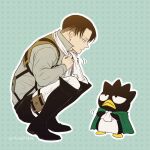  1boy ape ascot badtz-maru black_boots black_hair boots cape closed_mouth collared_shirt commentary_request crossover eye_contact frown green_background green_cape highres ikichi8tkjn levi_(shingeki_no_kyojin) long_sleeves looking_at_another male_focus pants parted_lips patterned_background popped_collar pouch sanrio shingeki_no_kyojin shirt short_hair squatting thigh_pouch twitter_username white_ascot white_pants 