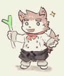 2017 anthro asleepchef biped brown_body brown_fur canid canine canis food fur kemono leek looking_at_viewer low_res male mammal onion plant solo standing vegetable white_body white_eyes white_fur wolf