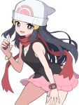  1girl beanie black_hair blue_hair blush boots bracelet breasts commentary_request dawn_(pokemon) grey_eyes hair_ornament hairclip hat hiyoshipow holding holding_poke_ball jewelry long_hair looking_at_viewer open_mouth pink_skirt poke_ball poke_ball_(basic) poke_ball_print poke_ball_symbol pokemon pokemon_dppt poketch red_scarf scarf shirt simple_background skirt sleeveless smile solo watch white_background white_hat wristwatch 