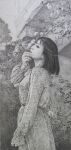 1girl absurdres arch black_hair bob_cut building commentary_request dress graphite_(medium) greyscale highres long_sleeves monochrome naohiro_ito original photorealistic plant realistic sundress traditional_media 