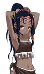  adjusting_hair armpits arms_up black_hair bracelet braid breasts collarbone dark_skin earrings fringe_trim hair_ribbon jewelry long_hair looking_at_viewer midriff navel original parted_lips ponytail red_eyes ribbon simple_background small_breasts solo upper_body white_background yamamoto_souichirou 