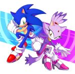  1boy 1girl animal_ears blaze_the_cat blue_fur cat_ears cat_girl cat_tail chaosc0ntr0l commentary english_commentary fur-trimmed_gloves fur_trim furry furry_female furry_male gloves gold_necklace green_eyes jewelry necklace pink_shoes purple_fur red_shoes shoes smile sonic_(series) sonic_rush sonic_the_hedgehog tail white_gloves yellow_eyes 