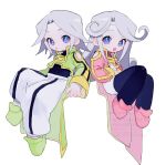  1boy 1girl absurdres black_pantyhose black_shirt blue_eyes blush brother_and_sister coat commentary dio_(tales) dress flipped_hair green_coat green_shoes grey_hair headband highres long_sleeves mel_(tales) nancykittyu pants pantyhose pencil_dress pink_coat pink_shoes shirt shoes short_hair siblings simple_background tales_of_(series) tales_of_phantasia tales_of_phantasia:_narikiri_dungeon turtleneck turtleneck_shirt twins white_background white_dress white_headband white_pants 