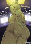  1girl absurdres animal_ears animatronic artist_logo artist_name ass breasts colored_skin commentary english_commentary english_text five_nights_at_freddy's five_nights_in_anime_(fangame) furry furry_female genderswap genderswap_(mtf) grabbing_own_ass green_skin highres huge_ass huge_breasts large_breasts logo long_hair looking_at_viewer looking_back looking_down monitor monokuimi office purple_thong rabbit_ears rabbit_girl rabbit_tail robot shiny_skin smile springtrap sweat tail teeth thong topless_female wire 