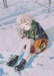  1girl black_boots black_dress blonde_hair blush boots chi_(luckyeric320) closed_mouth colored_eyelashes dress ear_blush flipped_hair from_above full_body gakuen_idolmaster green_scarf hair_ornament hairclip head_tilt highres hugging_own_legs idolmaster knees_up long_hair looking_at_viewer on_ground orange_dress orange_eyes outdoors pantyhose parallel_hairclips prototype_design scarf shinosawa_hiro sitting smile snow snowing solo split_mouth two-tone_dress white_pantyhose winter 