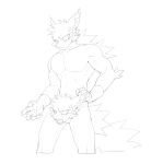 2_heads anthro clothing crotch_head dragon fingerless_gloves fur furred_dragon furred_scalie gloves handwear humanoid humanoid_hands male monochrome multi_head muscular mythological_creature mythological_scalie mythology pastry404 scalie simple_background sketch solo spiky_fur unusual_anatomy white_background