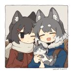  2girls :d ;t animal animal_ear_fluff animal_ears artist_name backpack bag black_gloves black_hair blue_coat blush border brown_eyes cat cat_ears cat_girl closed_eyes closed_mouth coat commentary_request dated dot_nose double-parted_bangs facing_viewer fang fumiko_(rubra_plumeria) fur-trimmed_hood fur_trim gloves grey_background grey_cat grey_hair hair_between_eyes hair_ornament hairclip highres holding holding_animal hood hooded_coat long_sleeves multicolored_hair multiple_girls one_eye_closed open_mouth original outside_border red_coat scarf short_hair simple_background skin_fang smile thick_eyebrows two-tone_hair upper_body white_border white_hair white_scarf zipper 