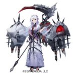  1girl ahoge black_hair black_shoes character_request closed_mouth commentary_request copyright_notice dress gloves gradient_hair grey_gloves holding holding_scythe long_hair multicolored_hair oshiro_project:re pekoo_(pekota) pink_hair red_eyes rigging scythe shoes solo streaked_hair white_background white_dress white_hair 